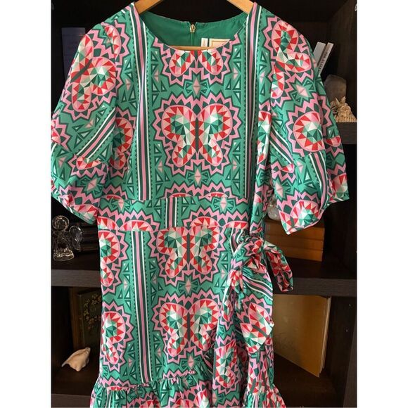 Emily Mccarthy Lola Green & Pink Mini Wrap Dress Size Medium $278 MSRP - Picture 5 of 7